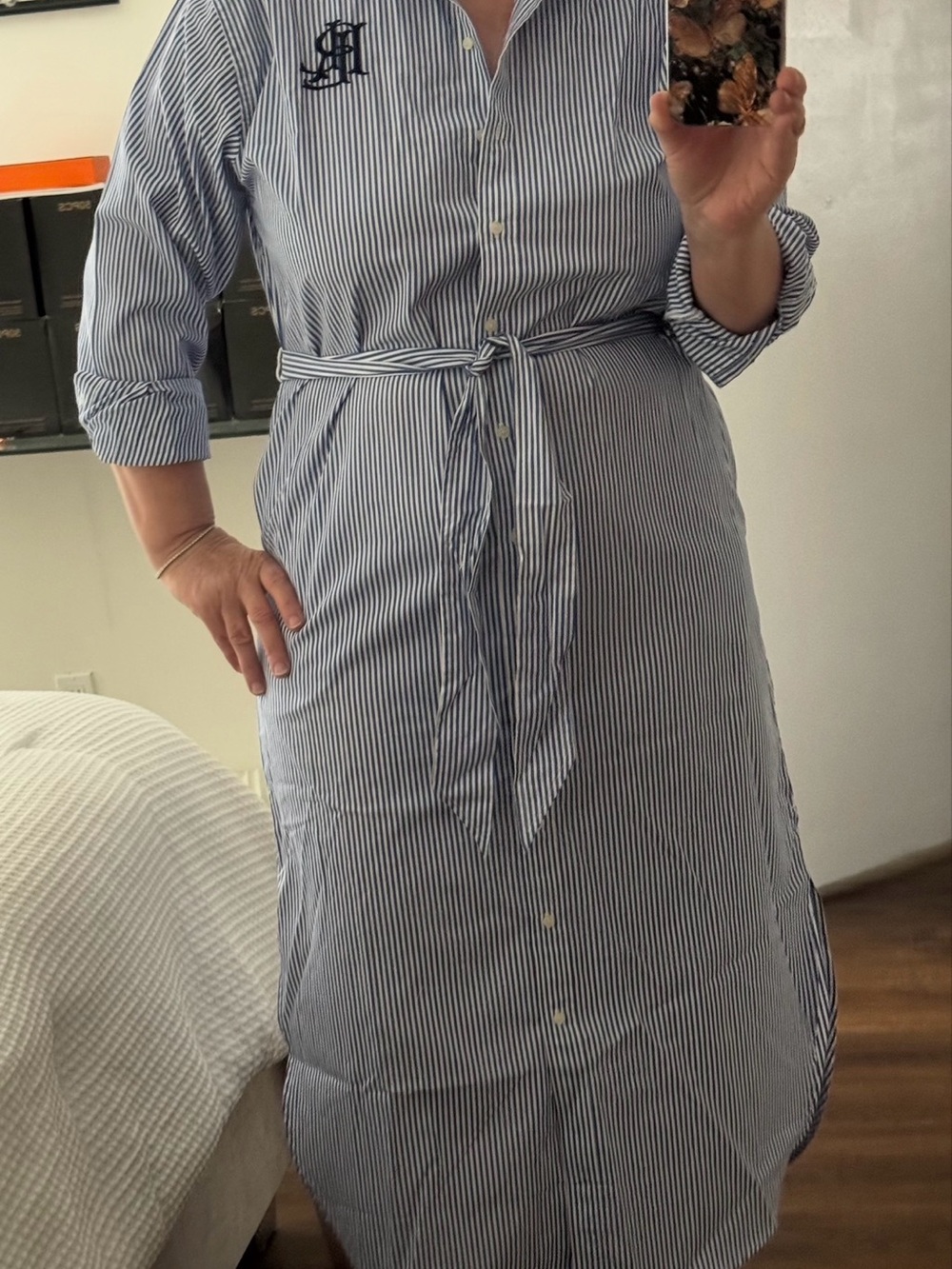 Lauren Ralph Lauren Blue & White Striped Button-Front Midi Shirt Dress - Picture 9 of 13